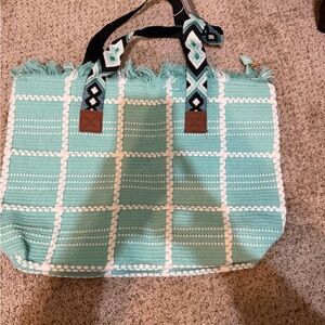 Stylish Aqua Tote Bag with Patterned Straps